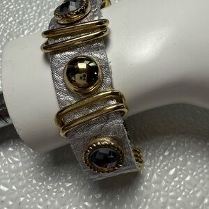 Natasha Couture‎ Silver Leather Adjustable Snap Band with Gold Accents Bracelet